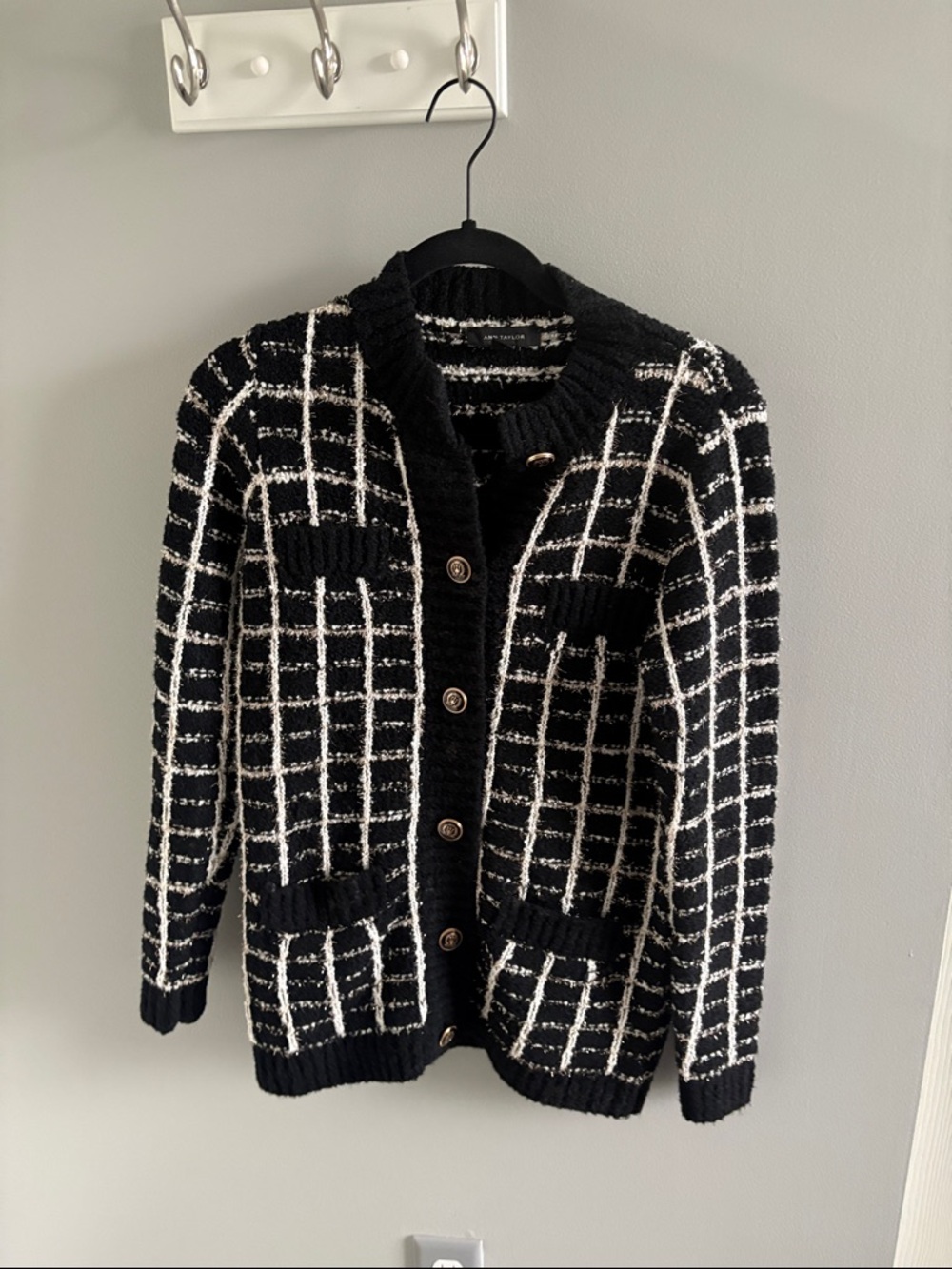 Black White  and gold Grid Knit Cardigan